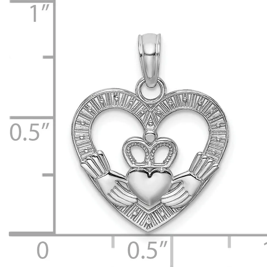 14K White Gold Polished Textured Finish Heart Claddagh Design Charm Pendant