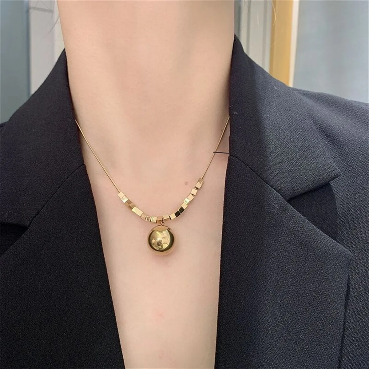 18K Gold-Plated Cube-Bead Ball Pendant Necklace