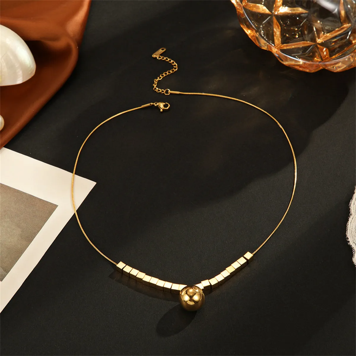 18K Gold-Plated Cube-Bead Ball Pendant Necklace