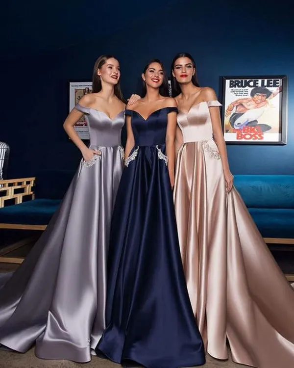 2019 Off The Shoulder Satin Prom Dresses with Pockets V-Neck Long Prom Party Gowns