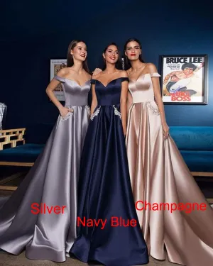 2019 Off The Shoulder Satin Prom Dresses with Pockets V-Neck Long Prom Party Gowns