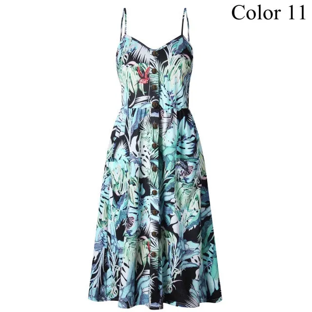 2019 Summer Women Button Decorated Print Dress Off-shoulder