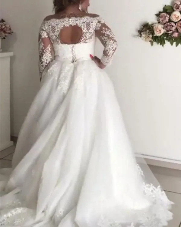 2020 Plus Size Lace Wedding Dresses Full Sleeve Off The Shoulder Tulle Bridal Gowns Appliques