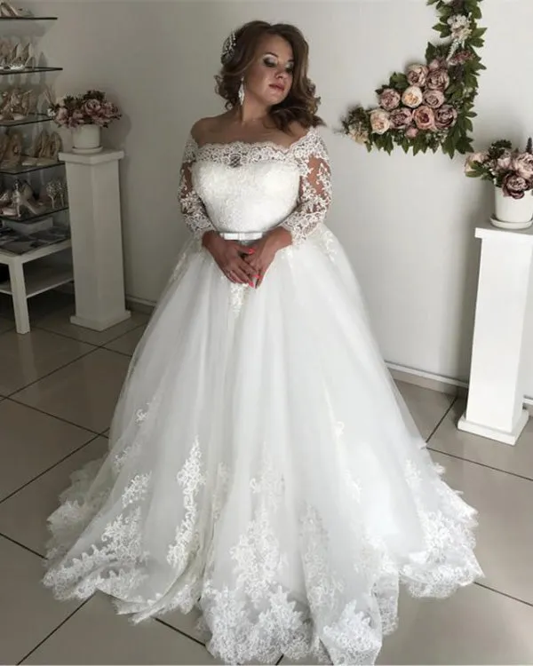 2020 Plus Size Lace Wedding Dresses Full Sleeve Off The Shoulder Tulle Bridal Gowns Appliques
