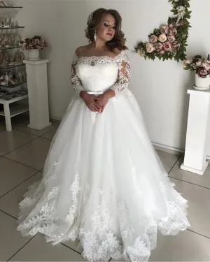 2020 Plus Size Lace Wedding Dresses Full Sleeve Off The Shoulder Tulle Bridal Gowns Appliques