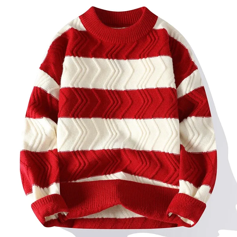 2023 New Autumn Winter Top Grade Luxury Striped Christmas Pullovers Korean Fashion Mens Sweaters Thick Warm Loose Sweater Men