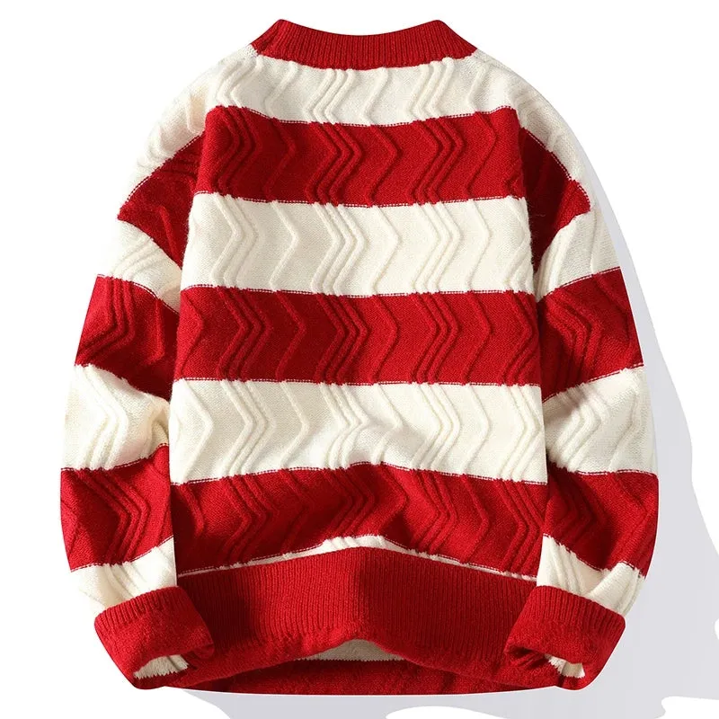 2023 New Autumn Winter Top Grade Luxury Striped Christmas Pullovers Korean Fashion Mens Sweaters Thick Warm Loose Sweater Men