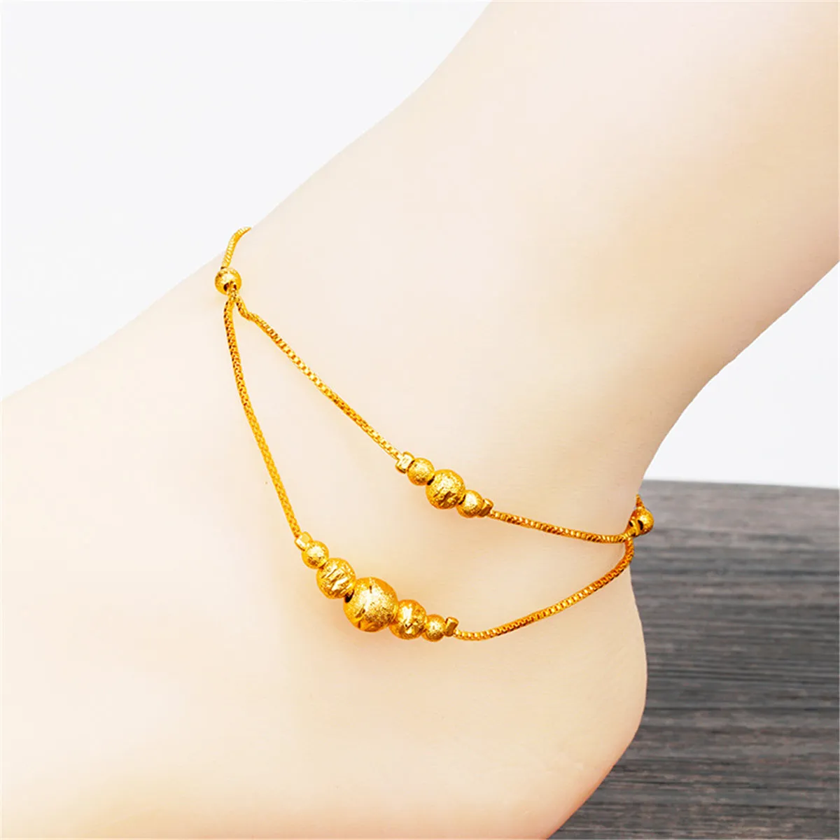 24K Gold-Plated Round Bead Layered Anklet