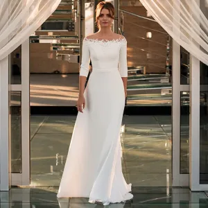 3/4 Sleeve O-Neck Wedding Dress A-Line Lace Appliques Satin Civil Bridal Gown For WOmen Robe De Mariee vestido de novia