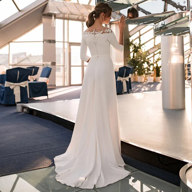 3/4 Sleeve O-Neck Wedding Dress A-Line Lace Appliques Satin Civil Bridal Gown For WOmen Robe De Mariee vestido de novia