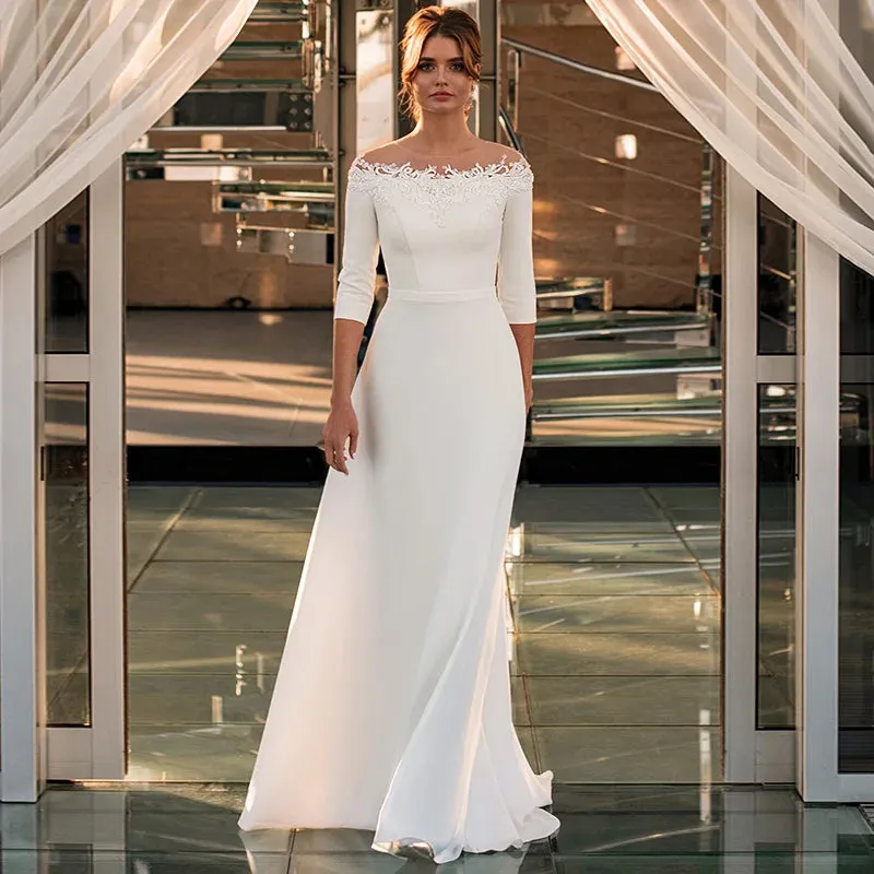 3/4 Sleeve O-Neck Wedding Dress A-Line Lace Appliques Satin Civil Bridal Gown For WOmen Robe De Mariee vestido de novia