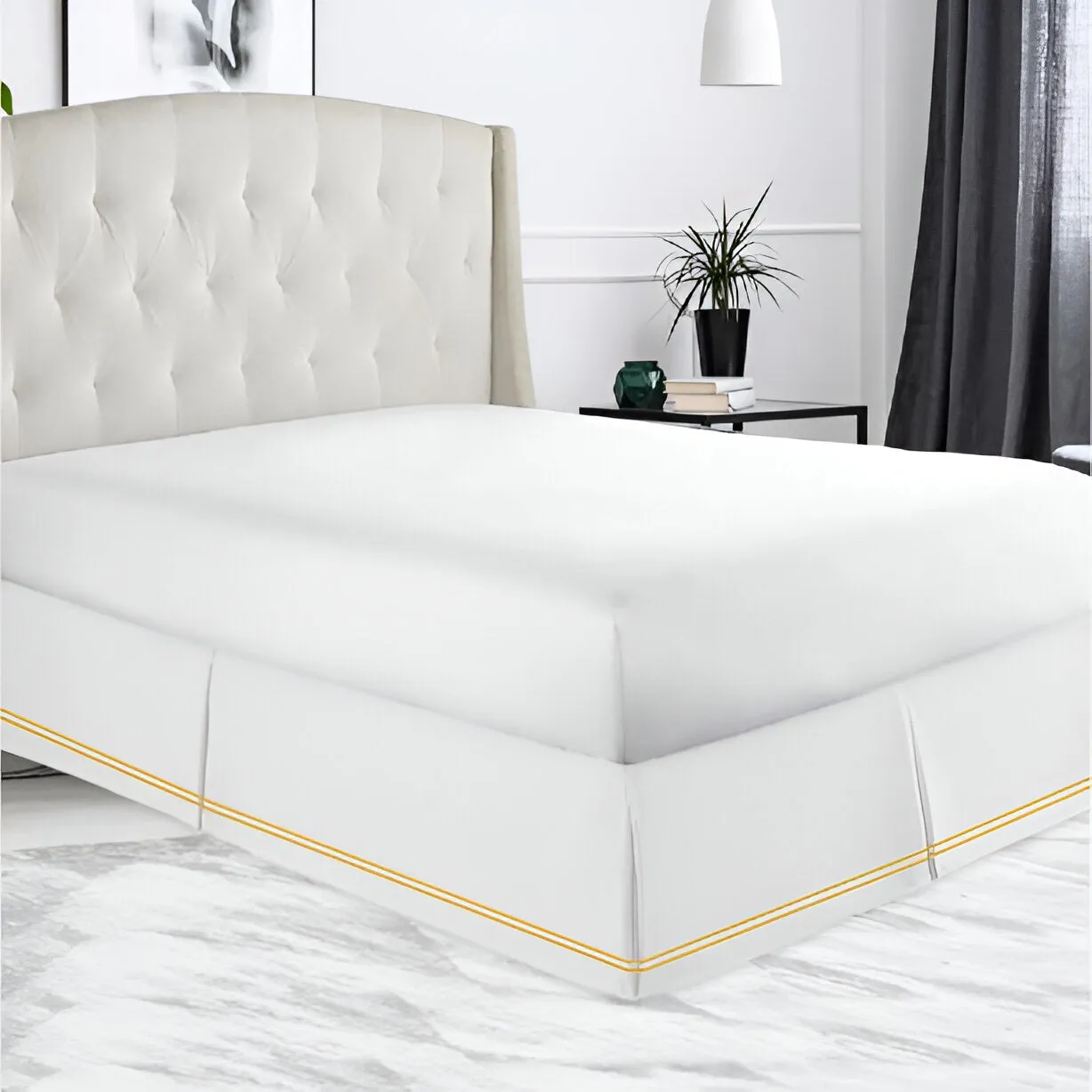 400TC Sateen Solid Cotton Double Embroidered Tailored Bed Skirt