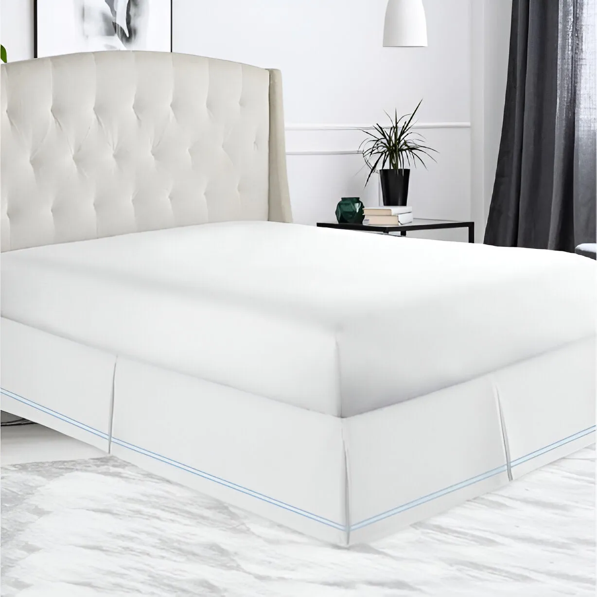 400TC Sateen Solid Cotton Double Embroidered Tailored Bed Skirt
