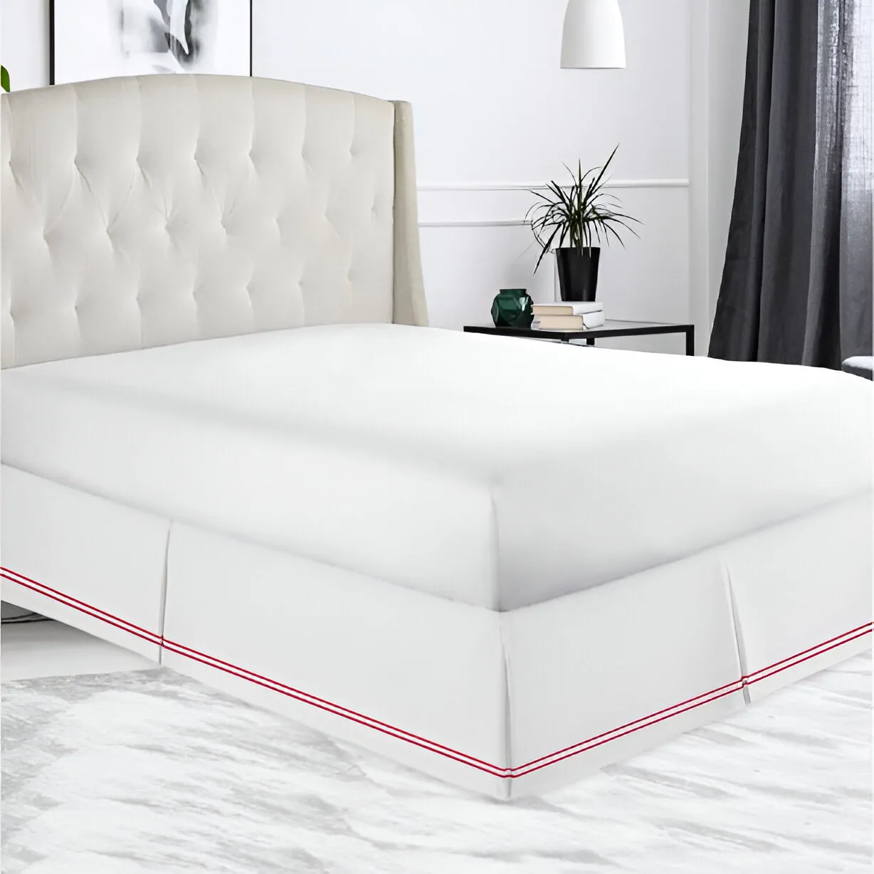 400TC Sateen Solid Cotton Double Embroidered Tailored Bed Skirt