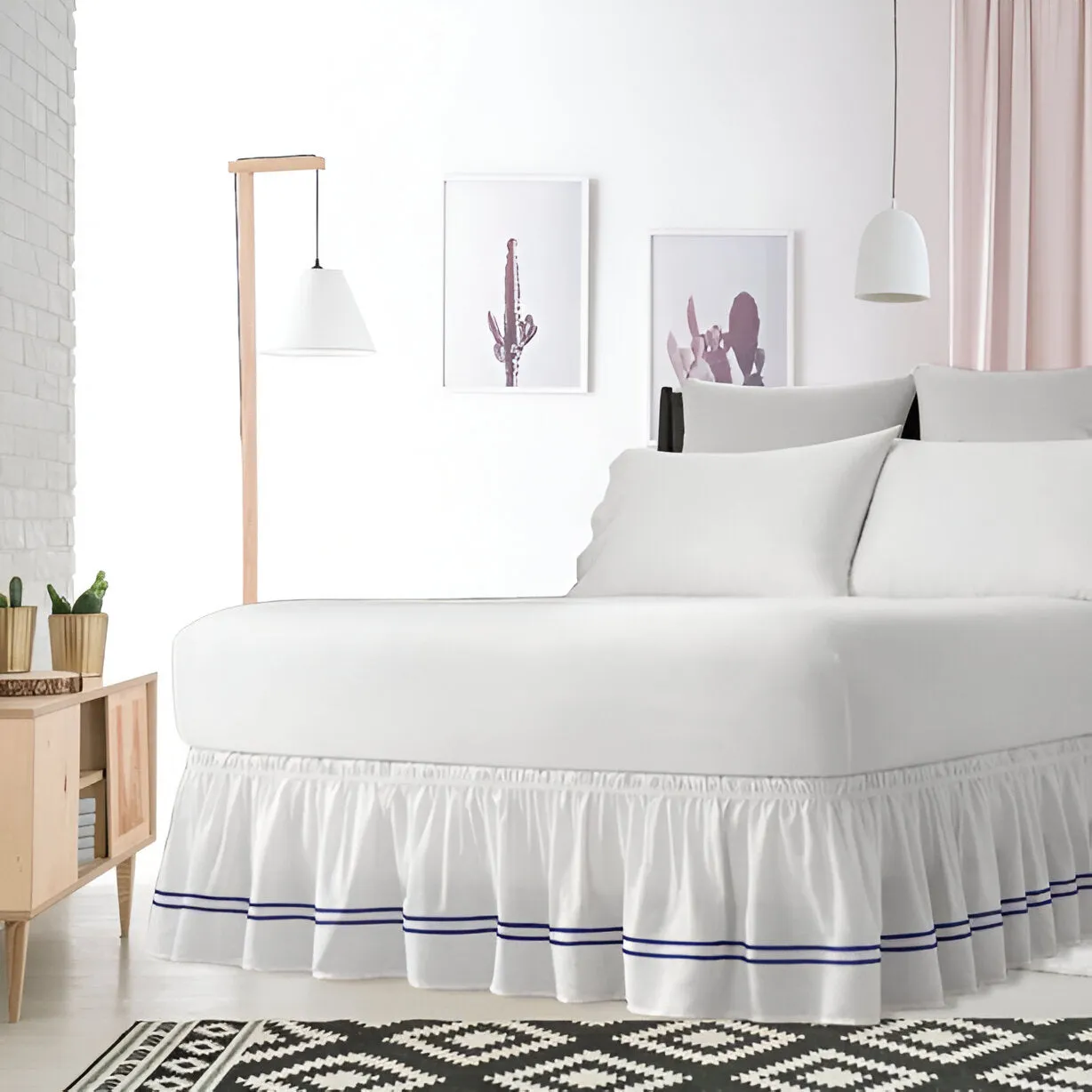 400TC Sateen Solid Cotton Double Embroidered Wrap Around Bed Skirt