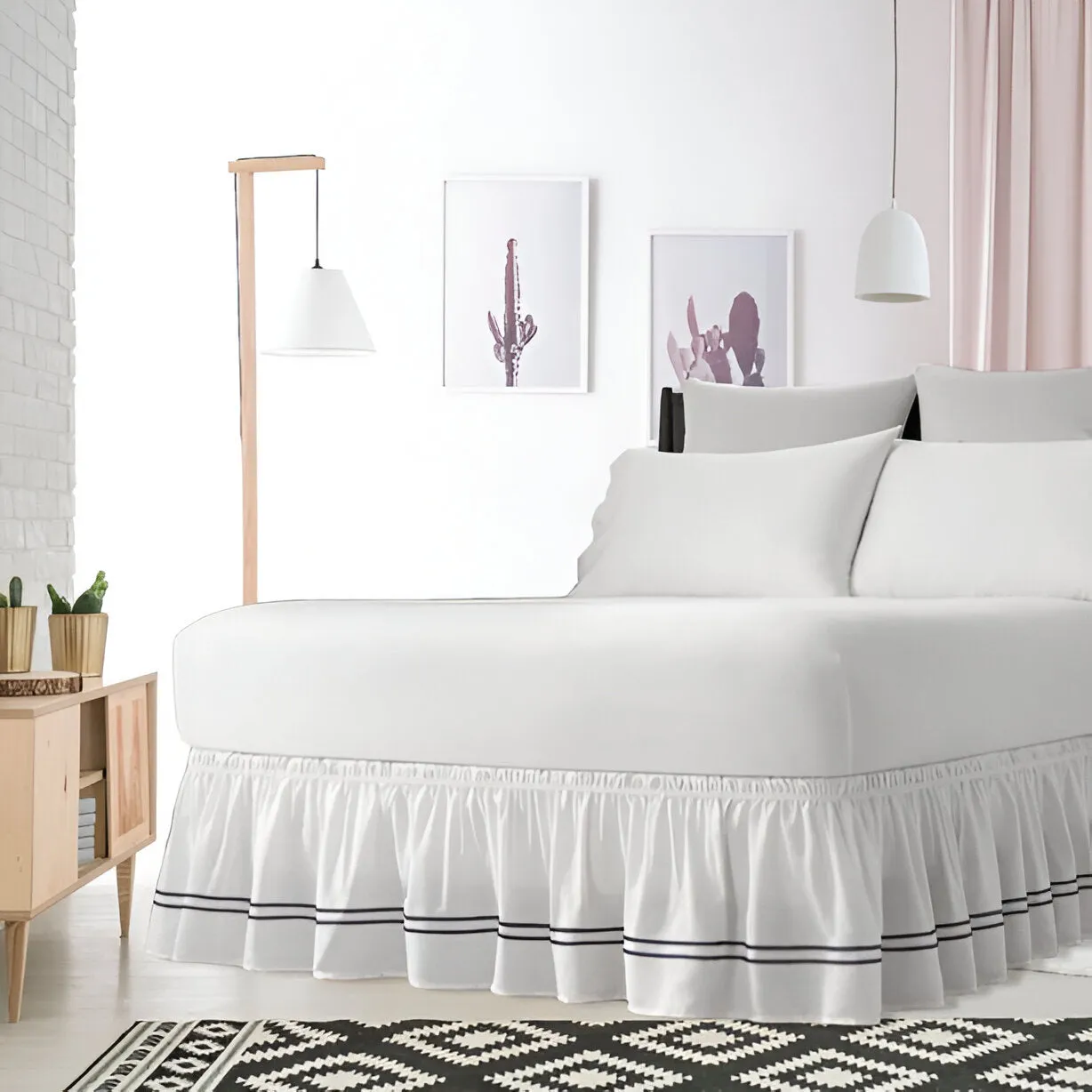 400TC Sateen Solid Cotton Double Embroidered Wrap Around Bed Skirt