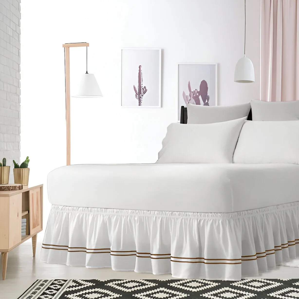 400TC Sateen Solid Cotton Double Embroidered Wrap Around Bed Skirt