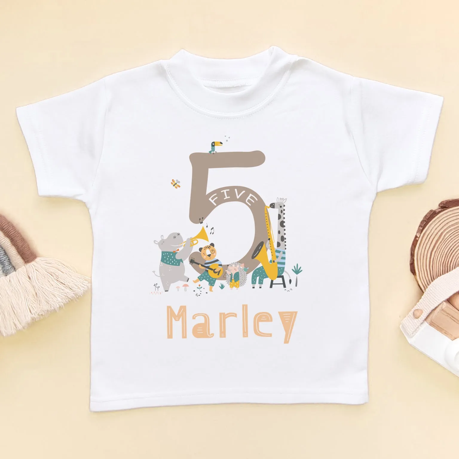 5th Birthday Animal Musicians Personalised T Shirt