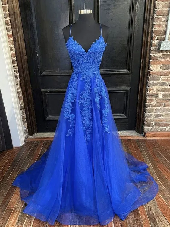 A Line Blue Lace Prom Dresses 2025 Cheap V Neck Formal Dresses