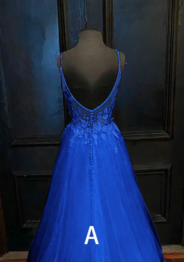 A Line Blue Lace Prom Dresses 2025 Cheap V Neck Formal Dresses