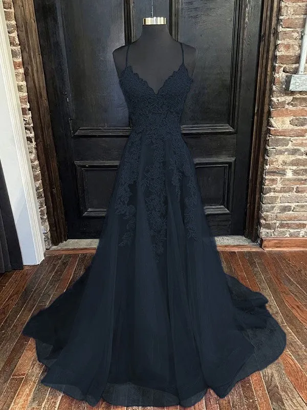 A Line Blue Lace Prom Dresses 2025 Cheap V Neck Formal Dresses