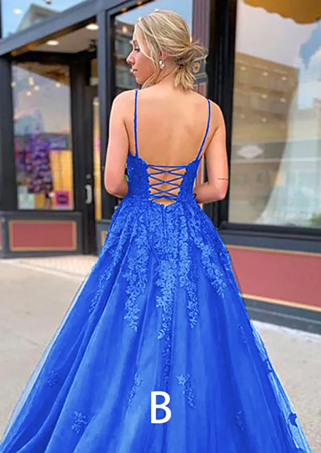 A Line Blue Lace Prom Dresses 2025 Cheap V Neck Formal Dresses