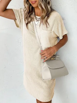 A-Line Loose Contrast Color Pockets Split-Joint Striped Round-Neck Mini Dresses