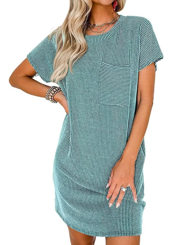 A-Line Loose Contrast Color Pockets Split-Joint Striped Round-Neck Mini Dresses