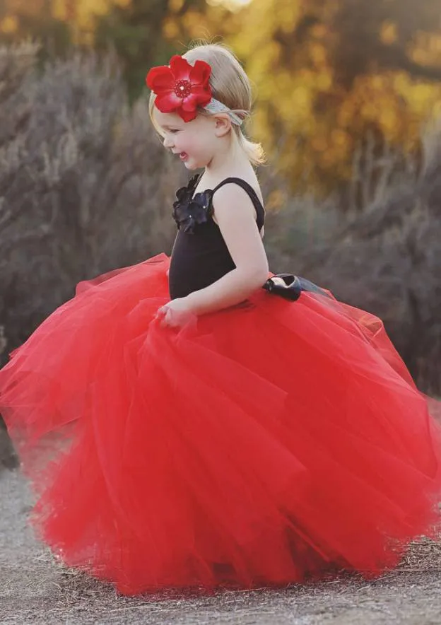 A-line Sleeve Scoop Neck Long Red Tulle Flower Girl Dresses, FG0112