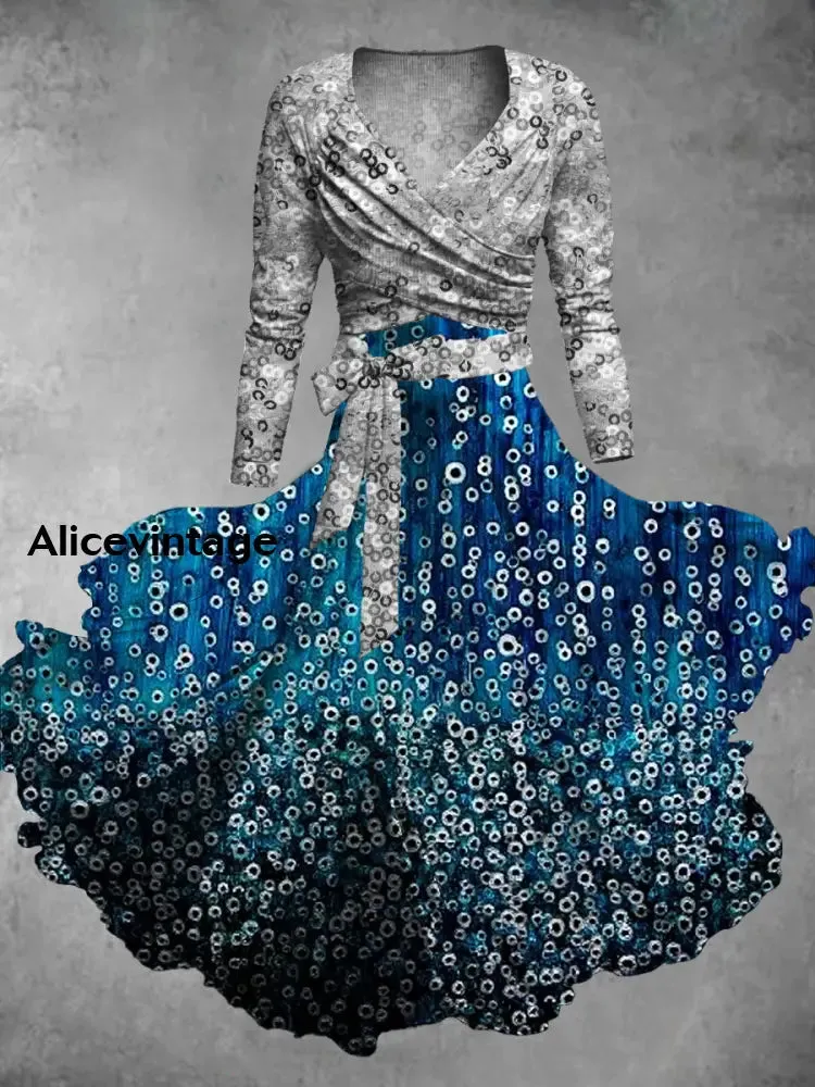 Abstract Art Print V-Neck Vintage Elegant Long Sleeve Two-Piece Midi Dress