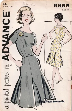 Advance 9855 Womens Princess Sheath Dress with Bias Rolled Collar & Pleated Skirt 1960s Vintage Sewing Pattern Size 18 Bust 38 Inches UNCUT Factory Folded