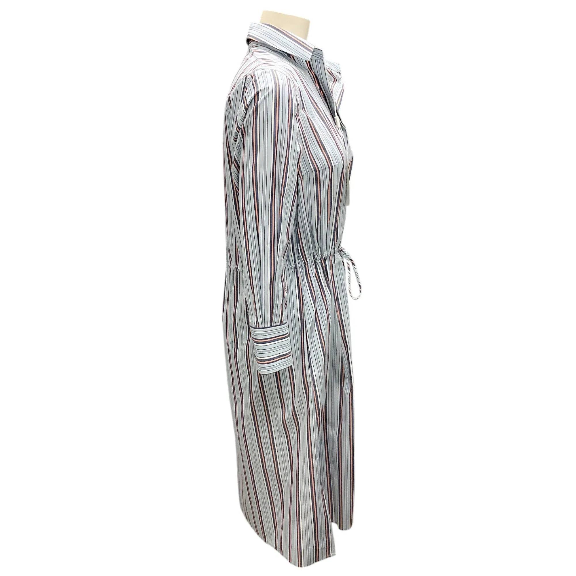Akris Punto Light Blue Multi Striped Cinched-waist Cotton Popeline Shirtdress in Stripe Reflecting Orange
