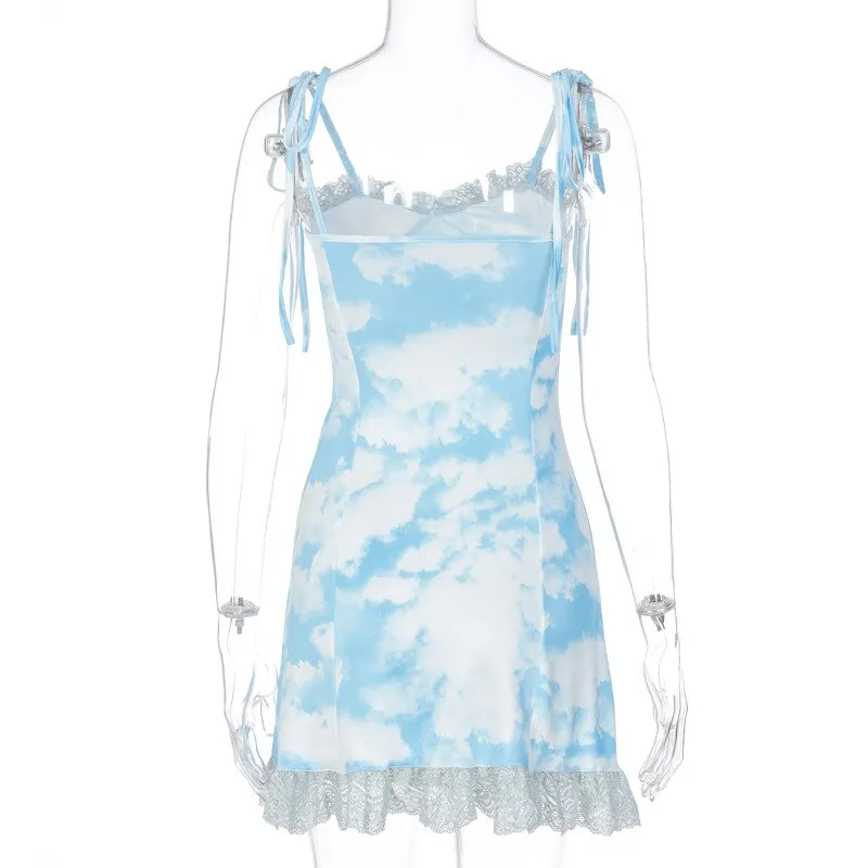 ALLNeon Vintage frauen Straped Mini Kleider Bandage Rüschen Hem Printing Kleider Elegante Damen Kleidung E-mädchen Vestidos 2020