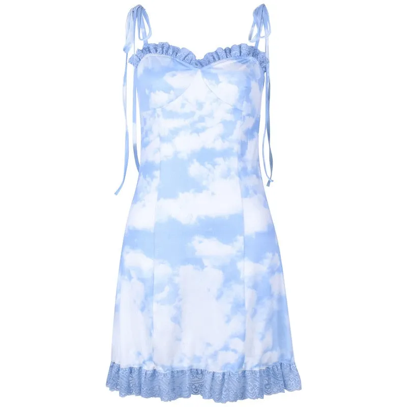 ALLNeon Vintage frauen Straped Mini Kleider Bandage Rüschen Hem Printing Kleider Elegante Damen Kleidung E-mädchen Vestidos 2020