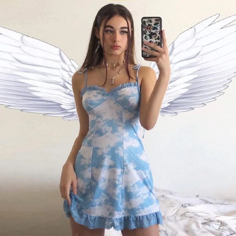 ALLNeon Vintage frauen Straped Mini Kleider Bandage Rüschen Hem Printing Kleider Elegante Damen Kleidung E-mädchen Vestidos 2020