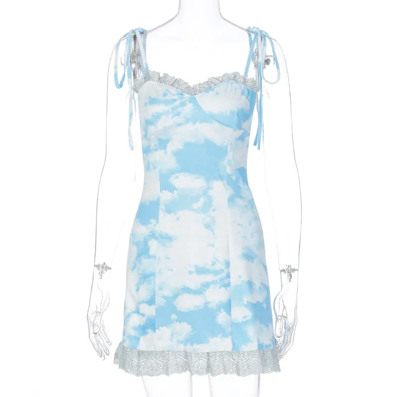 ALLNeon Vintage frauen Straped Mini Kleider Bandage Rüschen Hem Printing Kleider Elegante Damen Kleidung E-mädchen Vestidos 2020