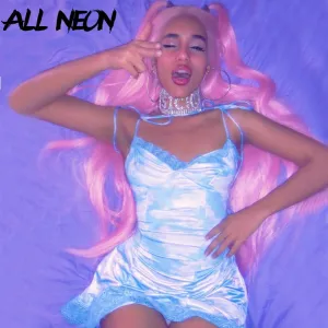 ALLNeon Vintage frauen Straped Mini Kleider Bandage Rüschen Hem Printing Kleider Elegante Damen Kleidung E-mädchen Vestidos 2020