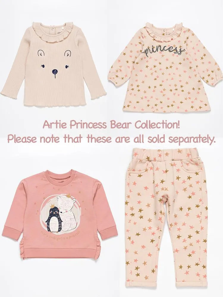 Artie - Princess Bear Starry Pale Pink Girls French Terry Dress with Ruffled Neck