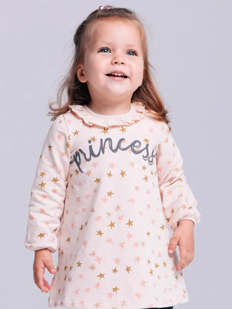 Artie - Princess Bear Starry Pale Pink Girls French Terry Dress with Ruffled Neck