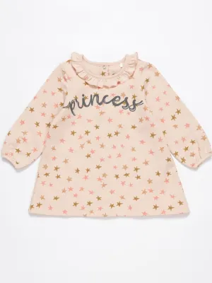 Artie - Princess Bear Starry Pale Pink Girls French Terry Dress with Ruffled Neck