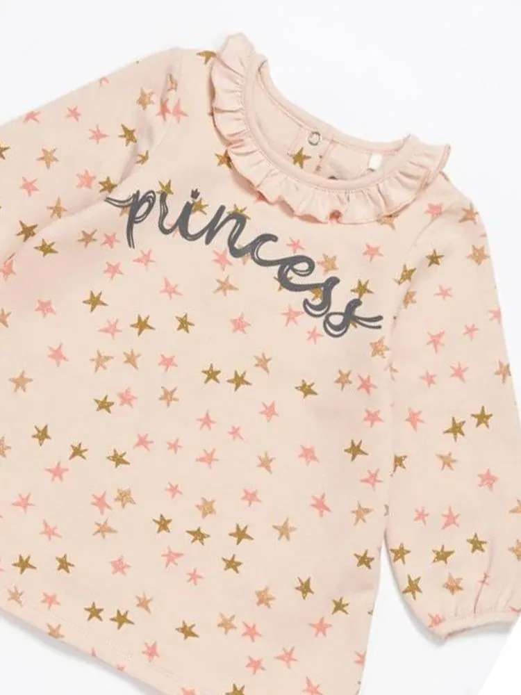 Artie - Princess Bear Starry Pale Pink Girls French Terry Dress with Ruffled Neck