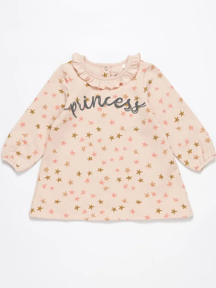 Artie - Princess Bear Starry Pale Pink Girls French Terry Dress with Ruffled Neck