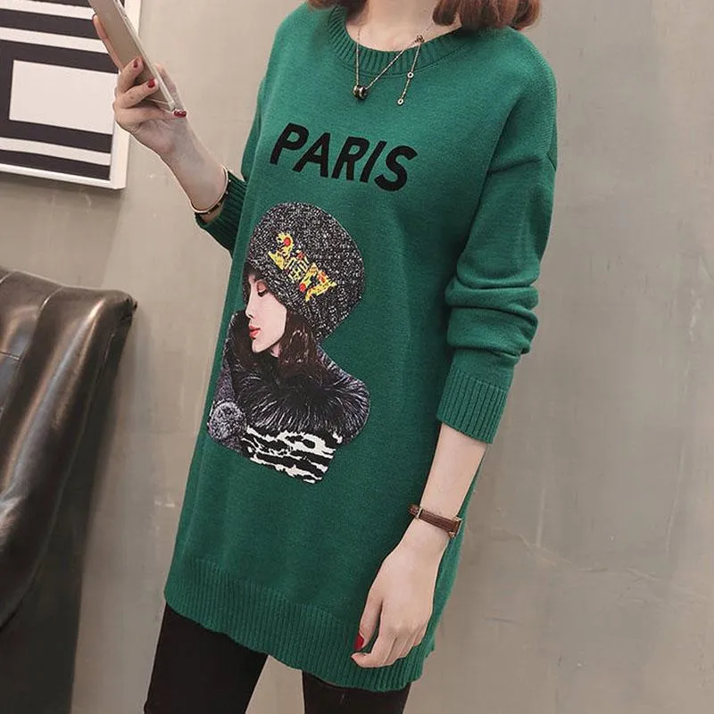 Autumn and Winter Loose Sweater Women's Pullover Round Neck Padded Jacket Mid-length Printed Knitted Dress