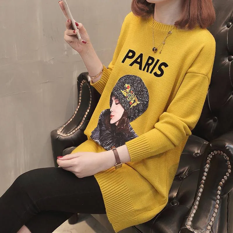 Autumn and Winter Loose Sweater Women's Pullover Round Neck Padded Jacket Mid-length Printed Knitted Dress