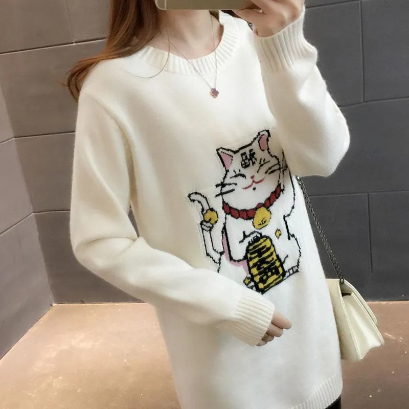 Autumn and Winter Mid-length Loose Sweater Is Thin Knitted Fashion Sweater Dress Long Sleeve Lucky Cat Pattern Female Sweater Dress