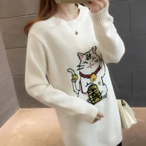 Autumn and Winter Mid-length Loose Sweater Is Thin Knitted Fashion Sweater Dress Long Sleeve Lucky Cat Pattern Female Sweater Dress