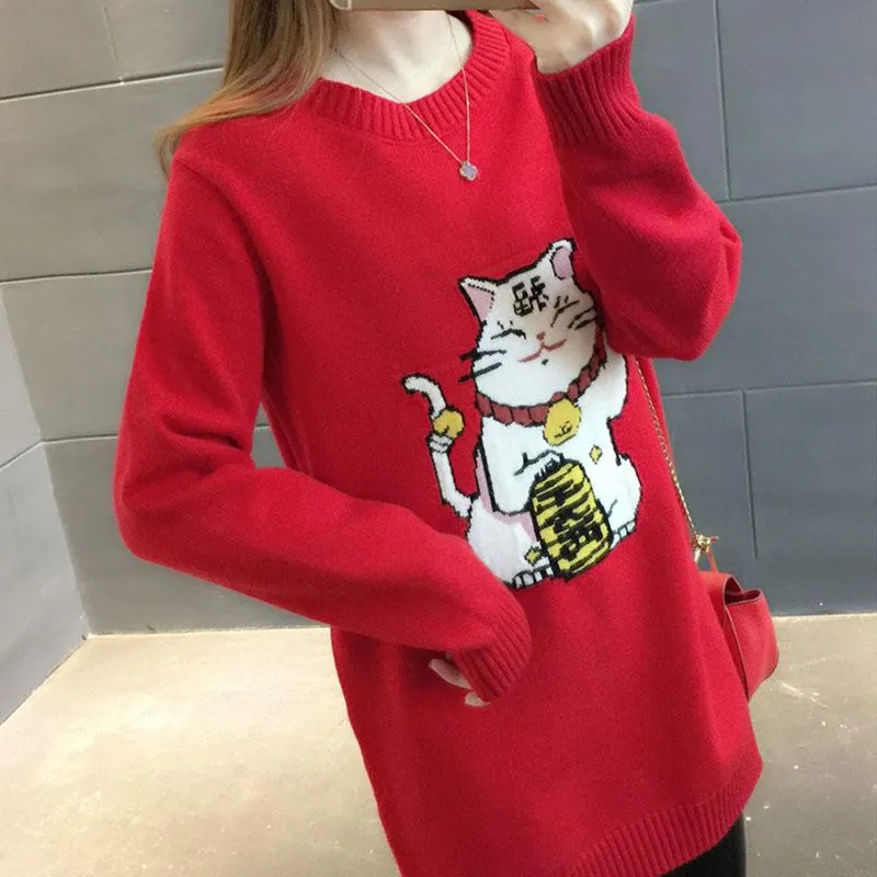 Autumn and Winter Mid-length Loose Sweater Is Thin Knitted Fashion Sweater Dress Long Sleeve Lucky Cat Pattern Female Sweater Dress