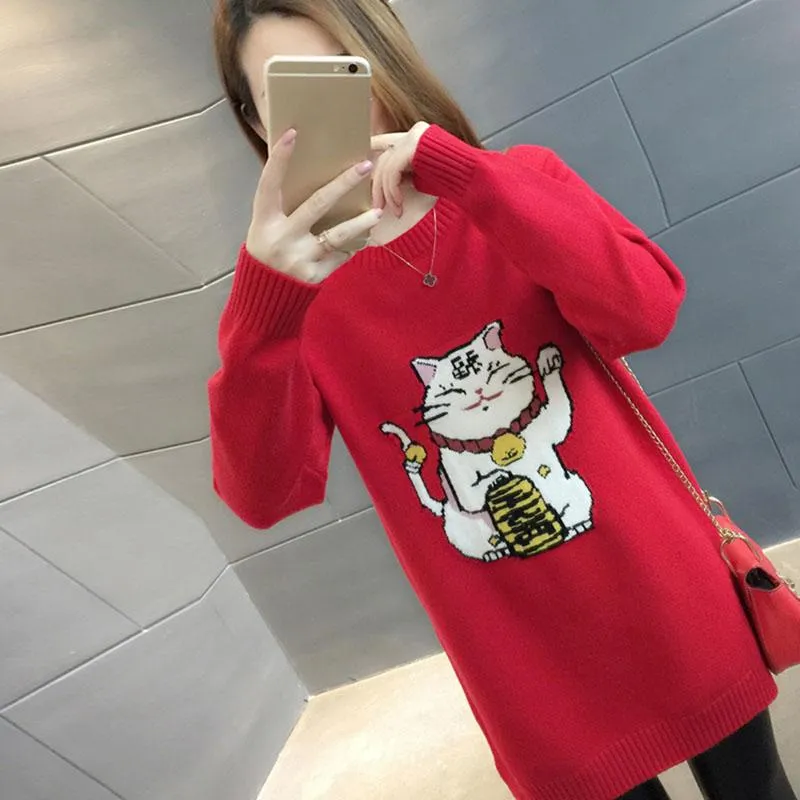Autumn and Winter Mid-length Loose Sweater Is Thin Knitted Fashion Sweater Dress Long Sleeve Lucky Cat Pattern Female Sweater Dress