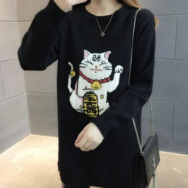 Autumn and Winter Mid-length Loose Sweater Is Thin Knitted Fashion Sweater Dress Long Sleeve Lucky Cat Pattern Female Sweater Dress