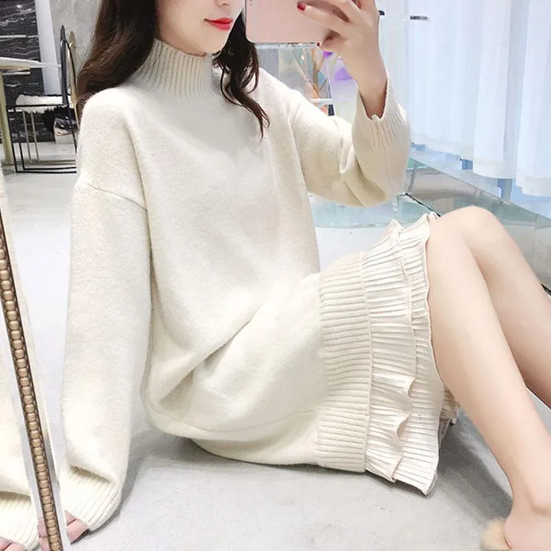 Autumn and Winter Plus Size Mid-length Dress Mid-length Thick Loose Base Skirt Half High Neck Knitted Sweater Dress
